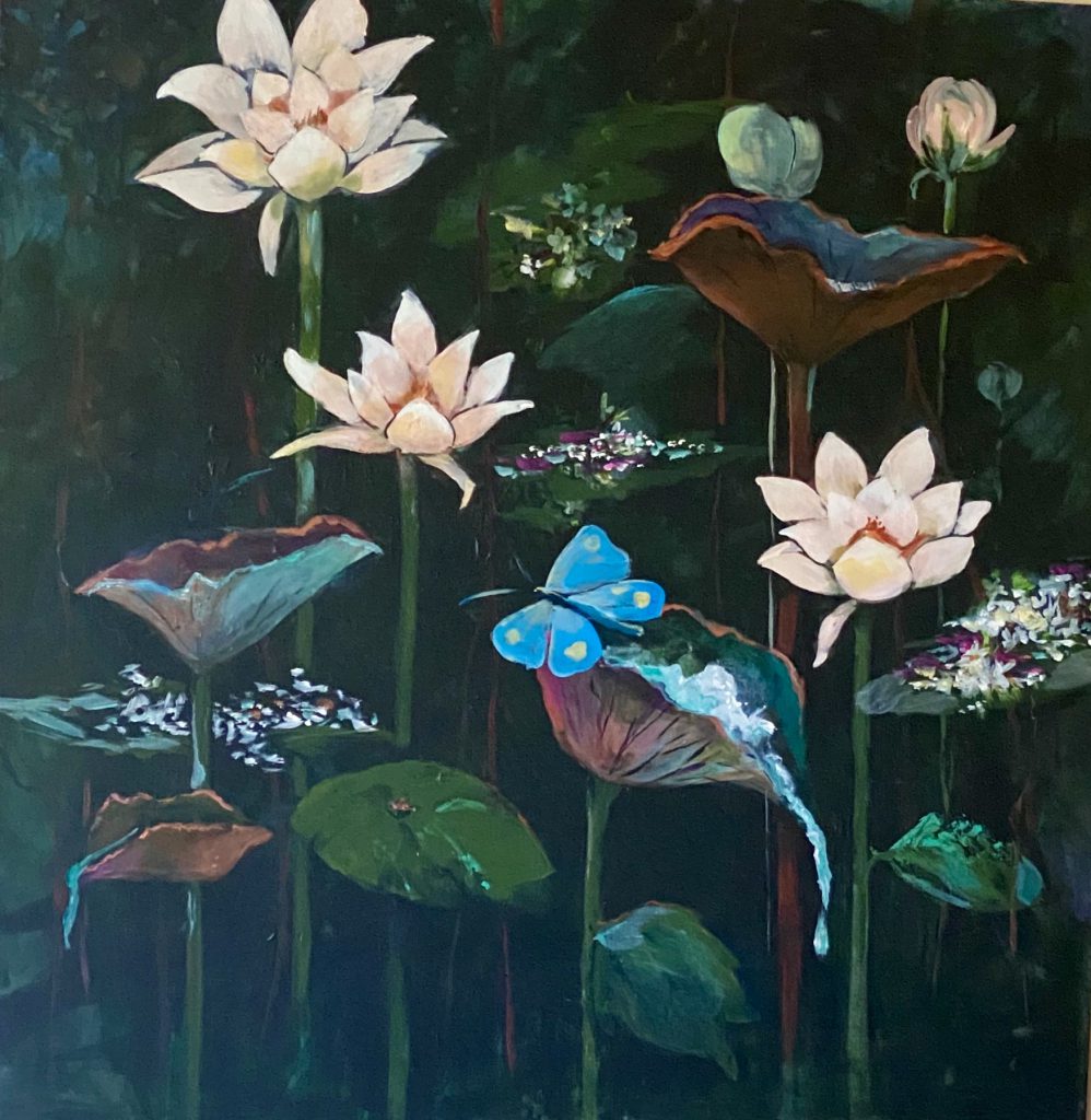 Painting of lily pads and butterfly