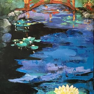 Painting of a red bridge over a pond