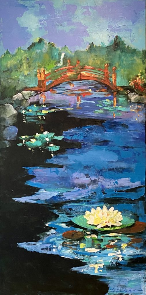 Painting of a red bridge over a pond