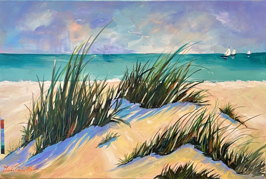 Painting of sand dunes near a lake