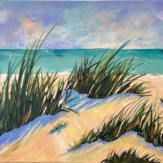 Painting of sand dunes near a lake