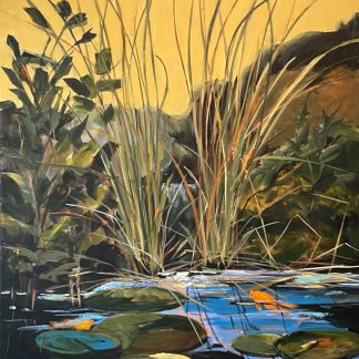 Painting of a pond with reeds and a yellow sky