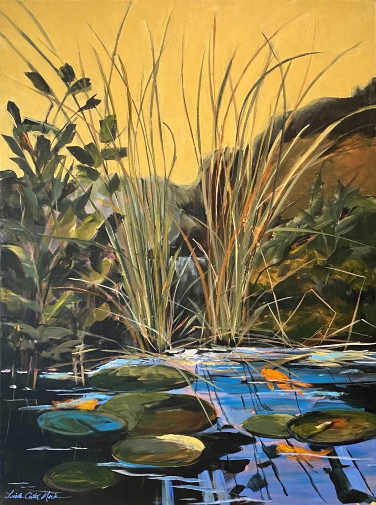 Painting of a pond with reeds and a yellow sky