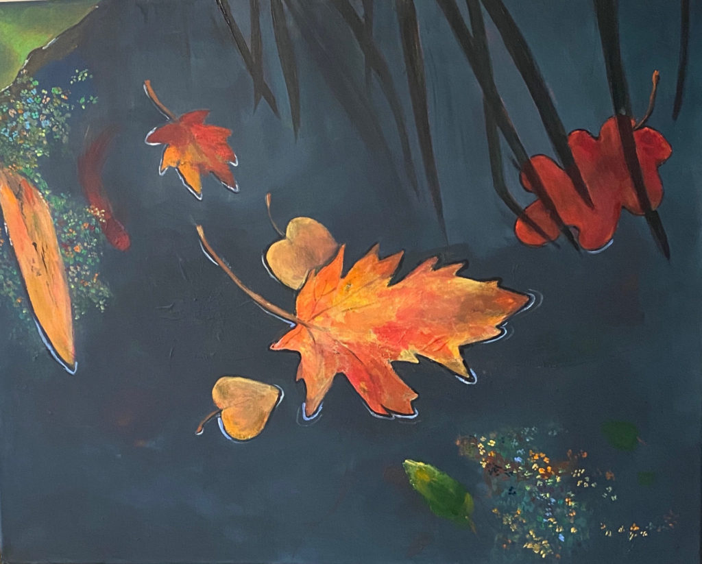 Painting of autumn leaves on a pond