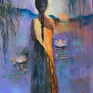 Acrylic painting of a girl watching a sunset