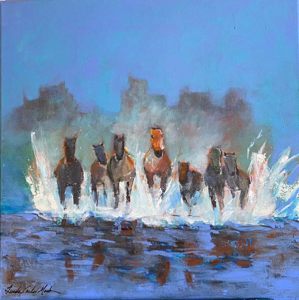 Acrylic painting of horses running through water