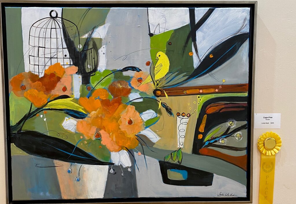 An abstract painting of a bird cage and flowers