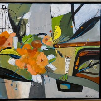 An abstract painting of a bird cage and flowers
