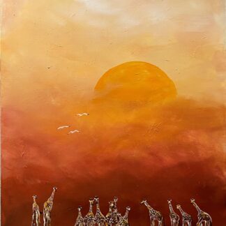 A painting of giraffes at sunset