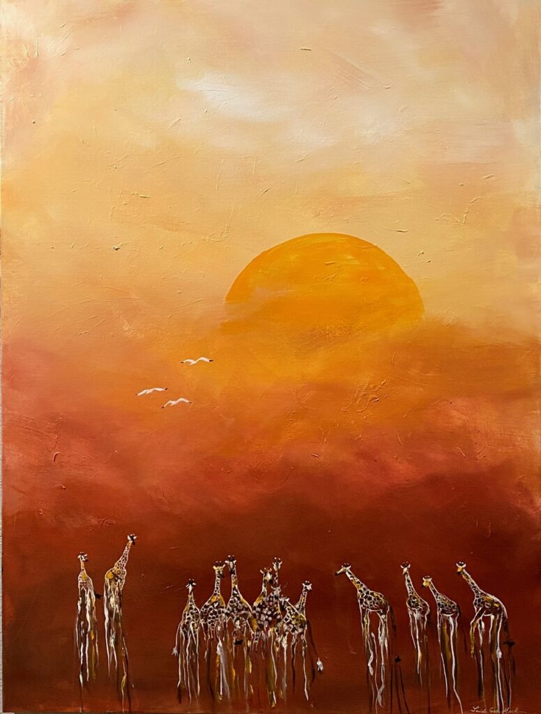 A painting of giraffes at sunset