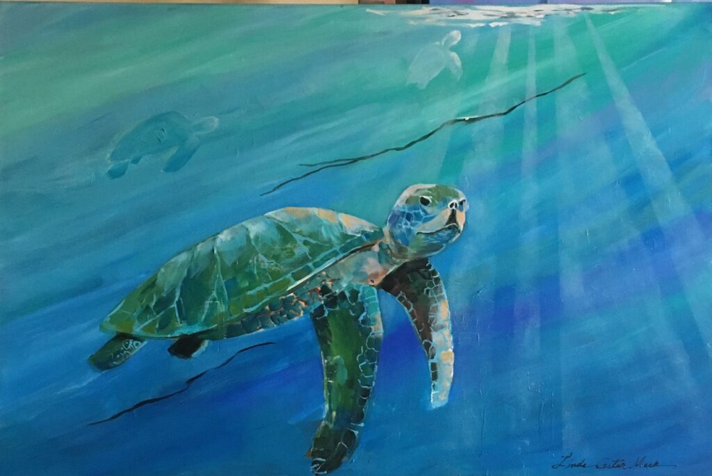 A painting of a single turtle swimming in the ocean