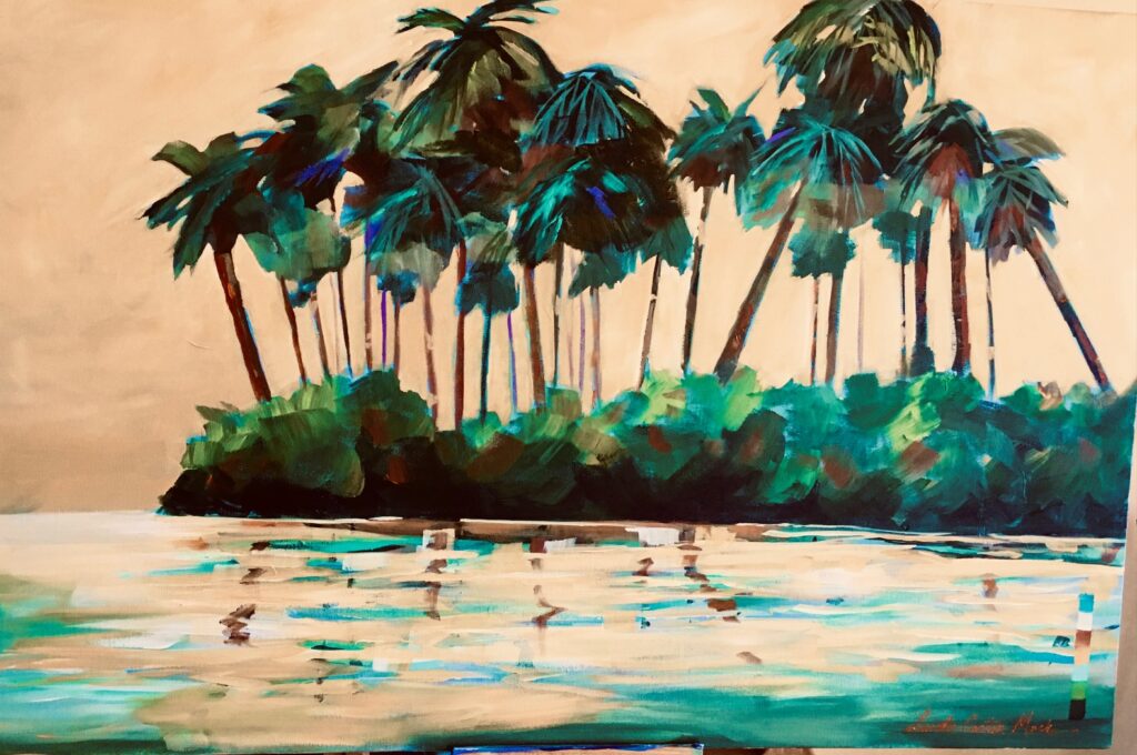 A painting of palm trees on an island