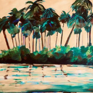 A painting of palm trees on an island
