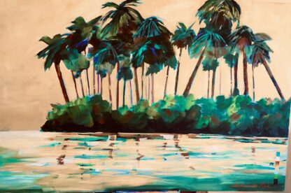 A painting of palm trees on an island