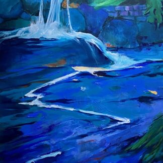 A painting of a waterfall into a river