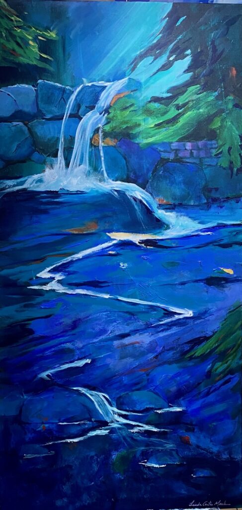 A painting of a waterfall into a river