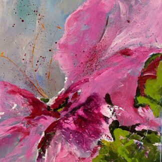 An abstract painting of a pink flower