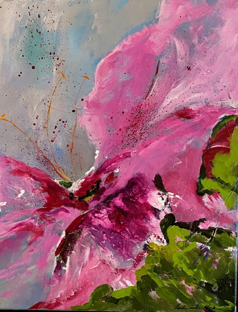 An abstract painting of a pink flower
