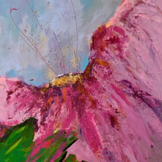 An abstract painting of a pink flower