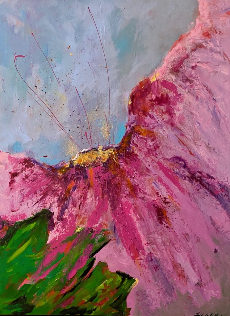 An abstract painting of a pink flower