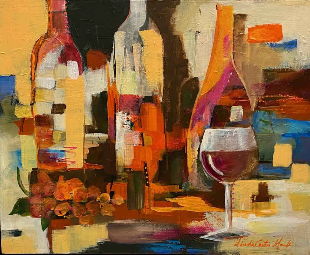 An abstract painting of a bottle of pinot noir and a glass