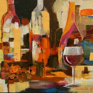 An abstract painting of a bottle of pinot noir and a glass