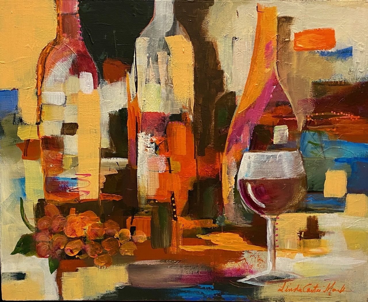 An abstract painting of a bottle of pinot noir and a glass