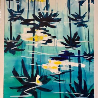 A painting of the reflection of palm trees in water