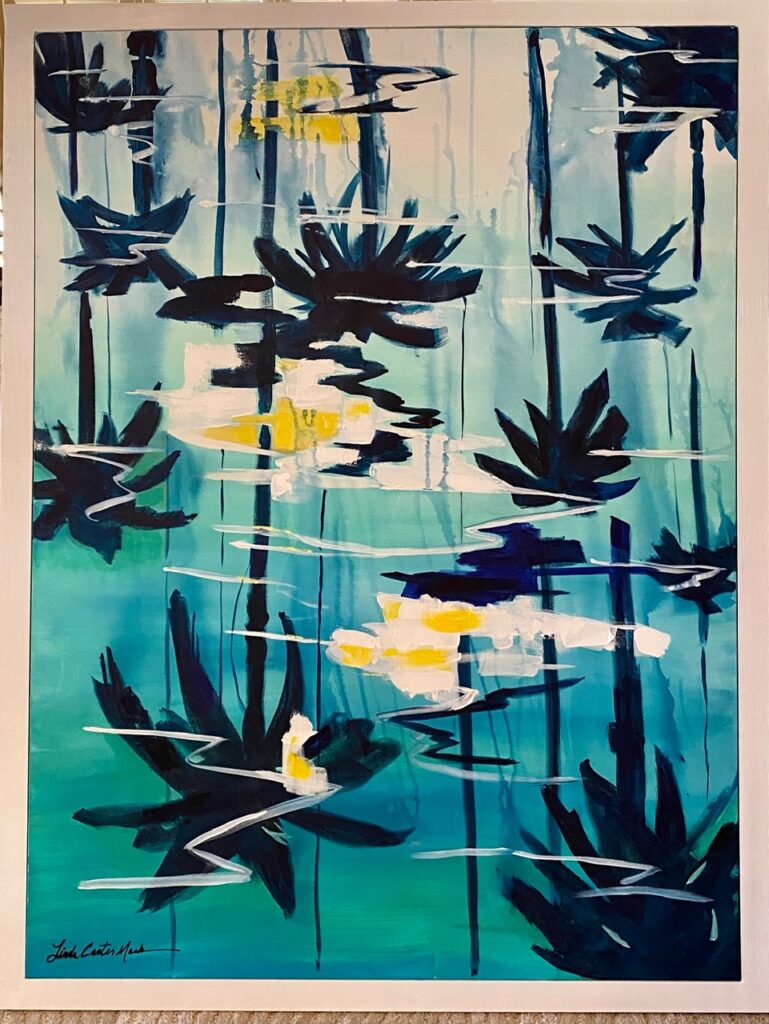A painting of the reflection of palm trees in water