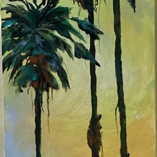 A painting of three palm trees with a bird in them