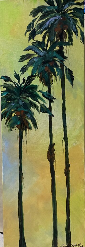 A painting of three palm trees with a bird in them