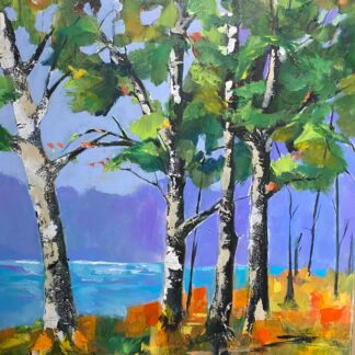 A painting of trees on the water