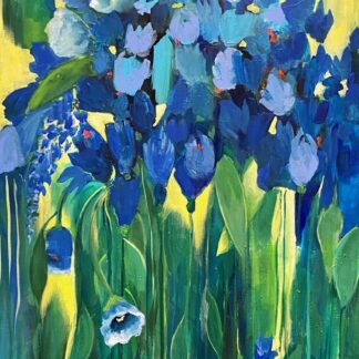 A painting of blue flowers