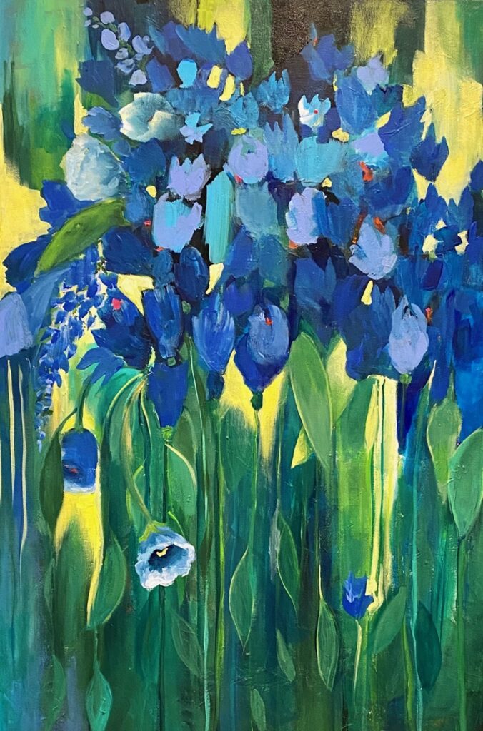 A painting of blue flowers